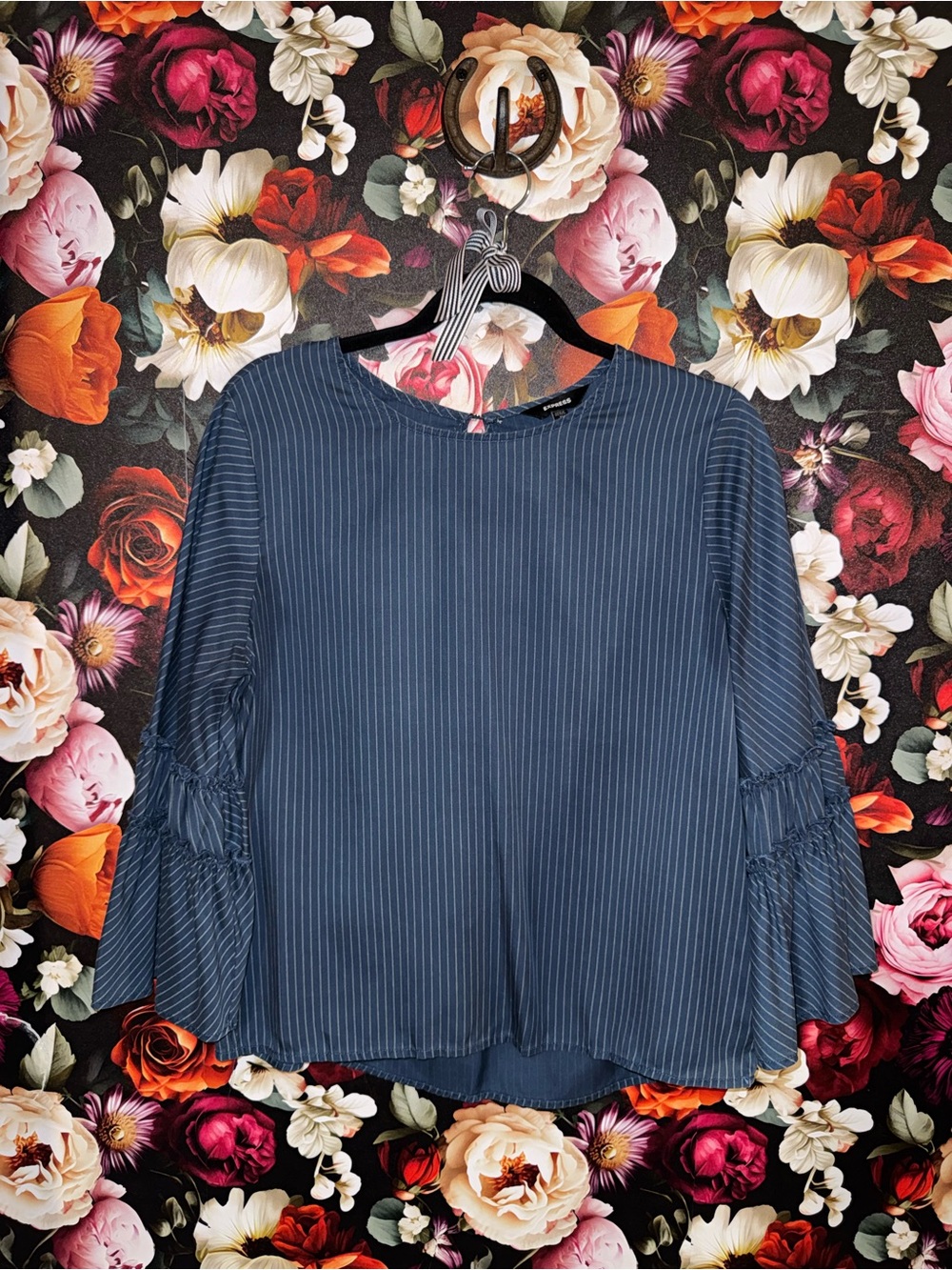 Express Navy Pinstripe Ruffle-Sleeve Blouse, M